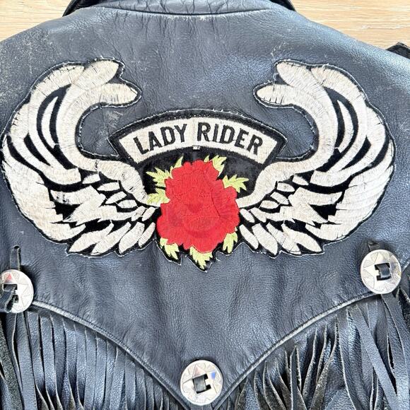Vintage Lady Rider Genuine Leather Black Thermal Liner Fringe Women Biker Jacket - Picture 5 of 10